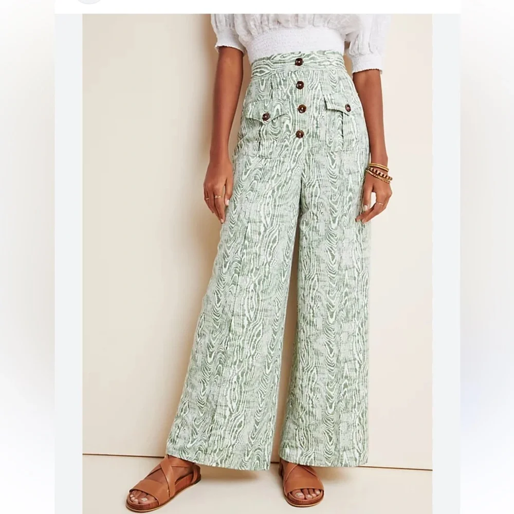 Anthropologie Pants NWT Size L Wide Leg Trouser Green Ivory Print - Picture 15 of 15
